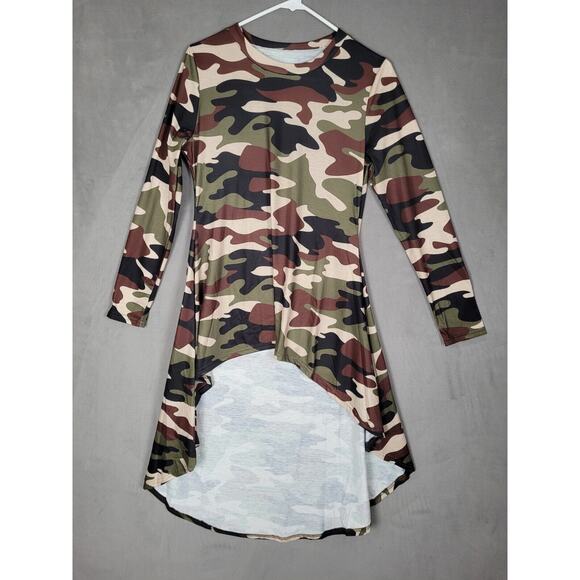 Famnbro Womens Camo Long Sleeve High Low Asymmetrical Hem Shirt Dress Medium - Picture 3 of 5